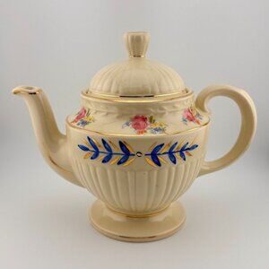 Vintage Shawnee Pottery Teapot USA | Hand Painted Blue Gold Floral